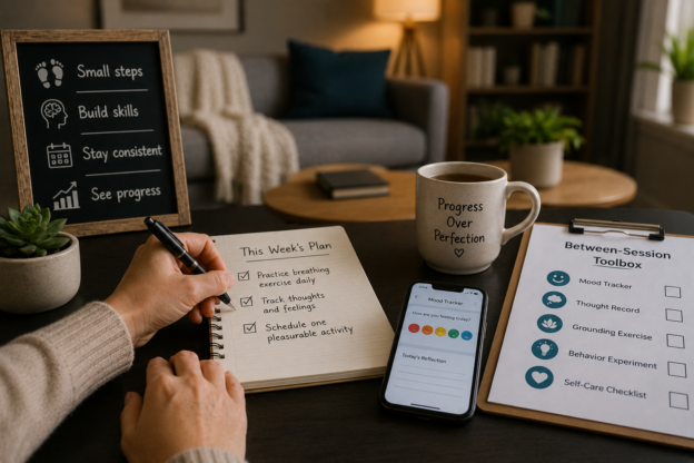 Cozy therapy session with self-care tools